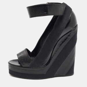 Pierre Hardy Black Leather and Canvas Ankle Strap Wedge Pumps Size 40