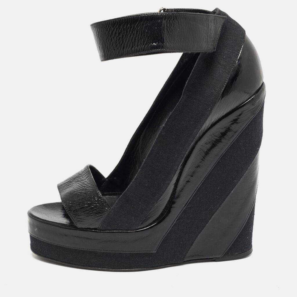 luxury-women-pierre-hardy-used-shoes-p779912-008 Pierre Hardy Black Leather and Canvas Ankle Strap Wedge Pumps Size 40