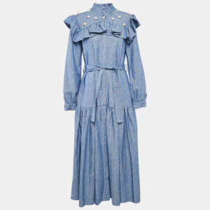 Poca & Poca Blue Canvas Ruffled Bead Detail Maxi Dress M