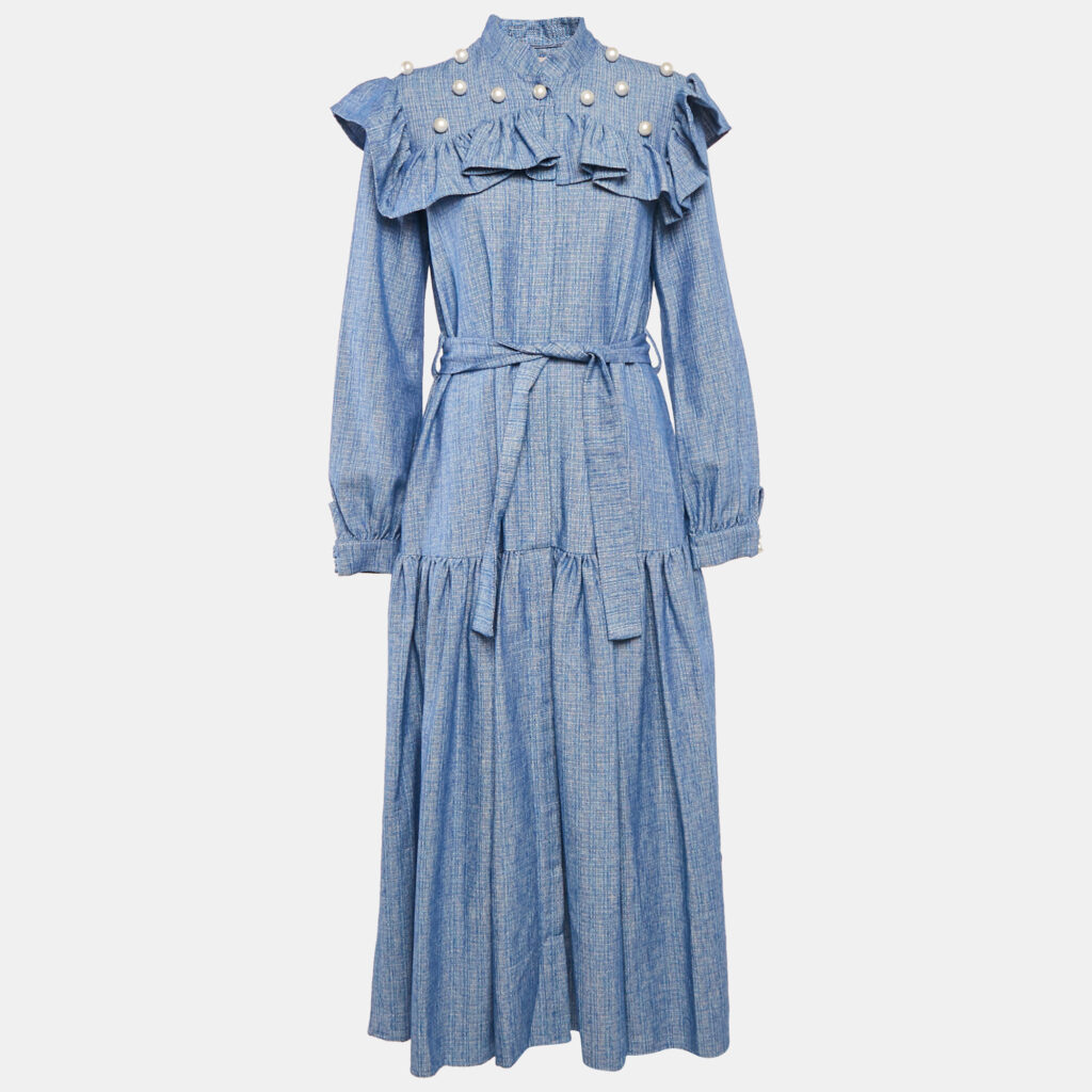 luxury-women-poca-poca-used-clothes-p1094415-005 Poca & Poca Blue Canvas Ruffled Bead Detail Maxi Dress M
