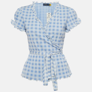 Polo Ralph Lauren Blue Checked Knit Wrap Top M