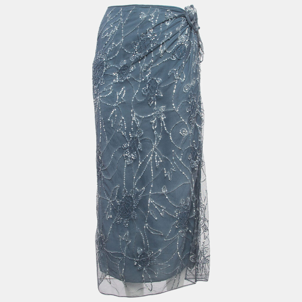 luxury-women-polo-ralph-lauren-used-clothes-p1042488-002 Polo Ralph Lauren Grey Sequin Embroidered Tulle Midi Skirt L