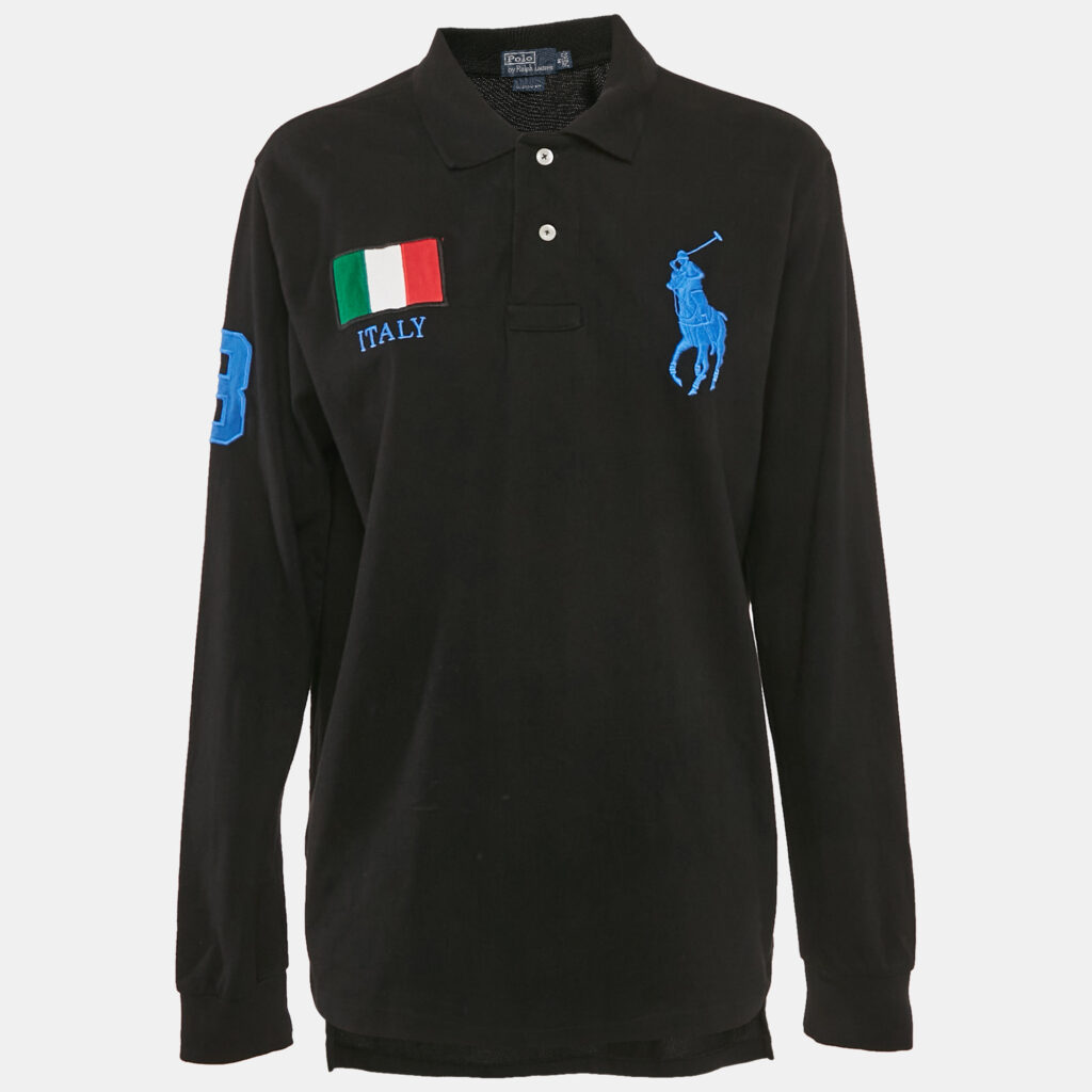 luxury-women-polo-ralph-lauren-used-clothes-p1095860-001 Polo Ralph Lauren Black Logo Embroidery Cotton Long Sleeve Polo T-shirt M