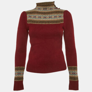 Polo Ralph Lauren Dark Red Patterned Wool Knit High Neck Sweater XS