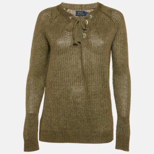 Polo Ralph Lauren Green Linen Rib Knit Lace-Up Sheer Sweater S