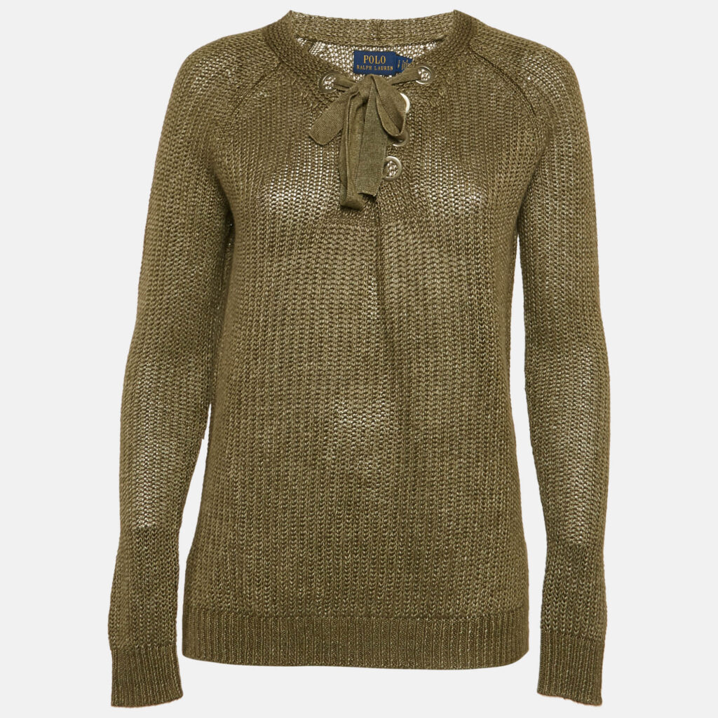 Polo Ralph Lauren Green Linen Rib Knit Lace-Up Sheer Sweater S