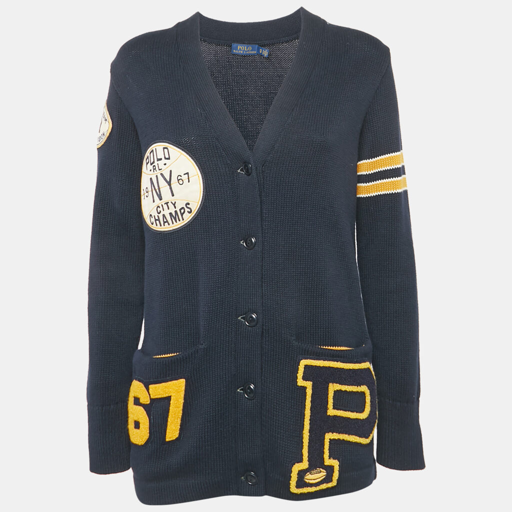 luxury-women-polo-ralph-lauren-used-clothes-p1160544-003 Polo Ralph Lauren Navy Blue Rib Knit Collegiate Varsity Cardigan XS