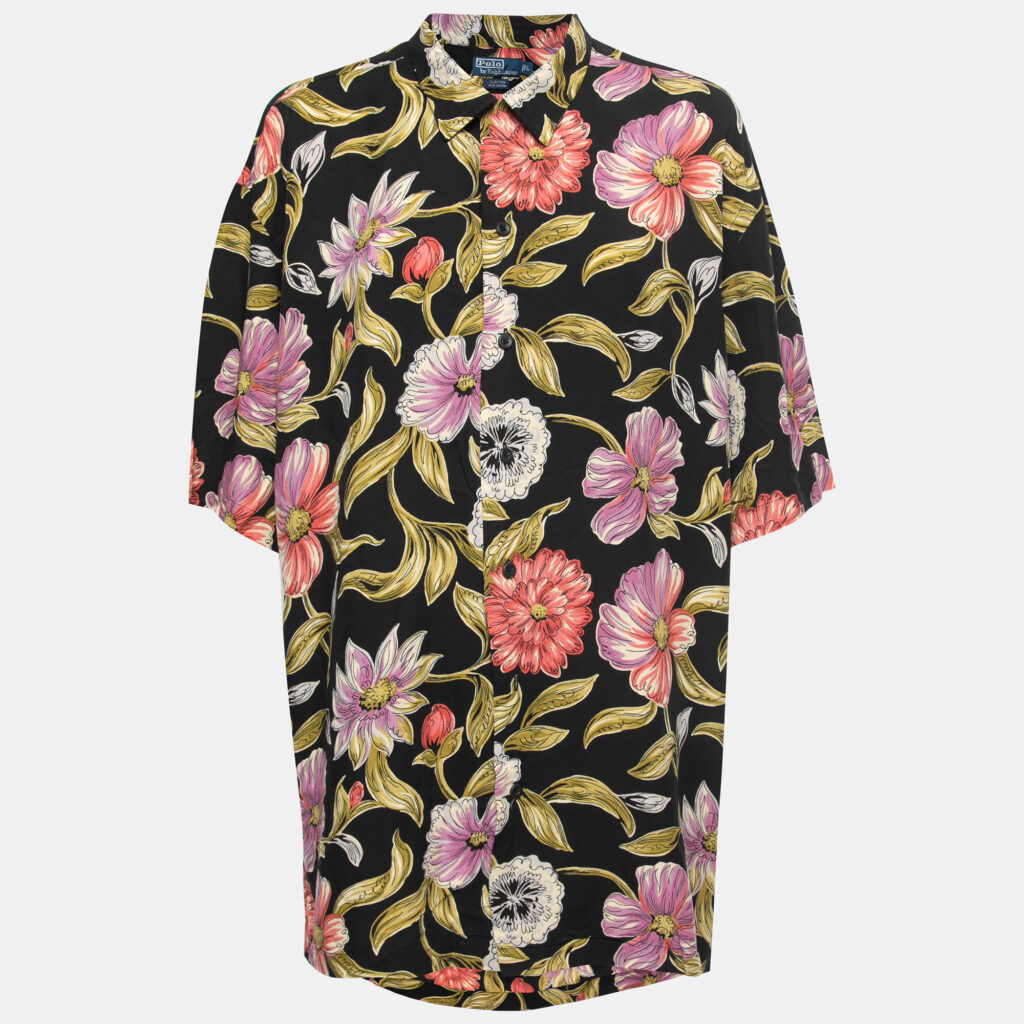 luxury-women-polo-ralph-lauren-used-clothes-p773426-001 Polo Ralph Lauren Black Floral Printed Rayon Short Sleeve Shirt L