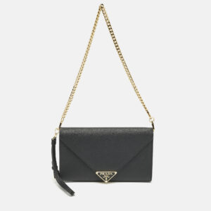 Prada Black Saffiano Triang Leather Envelope Chain Clutch