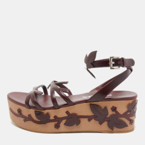 Prada Burgundy  Leather Wedge Ankle Strap Sandals Size 37.5