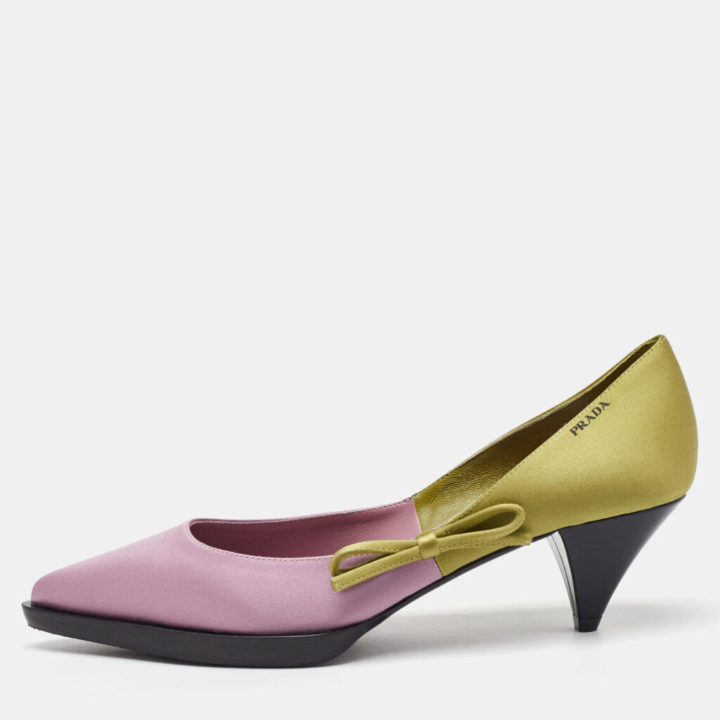 luxury-women-prada-new-shoes-p1163589-004 Prada Pink/Green Satin Runway Colorblock Pointed Toe Pumps Size 38.5