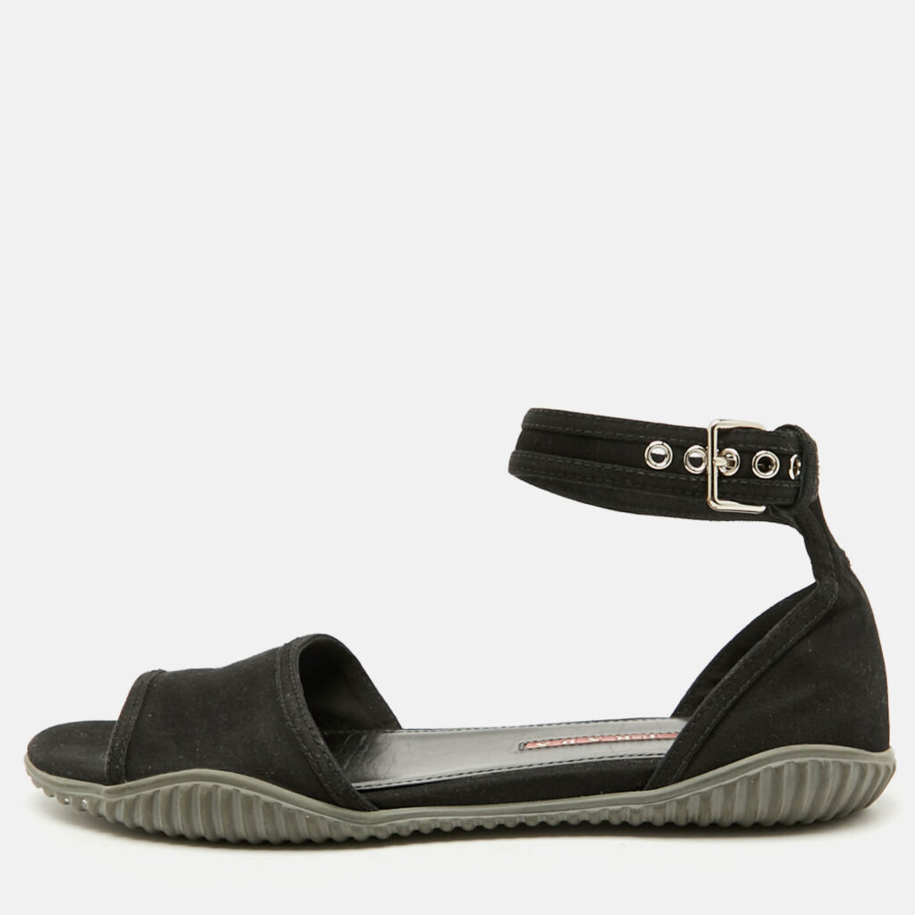 luxury-women-prada-sport-used-shoes-p1120764-010 Prada Sport Black Fabric Ankle Strap Flat Sandals Size 38