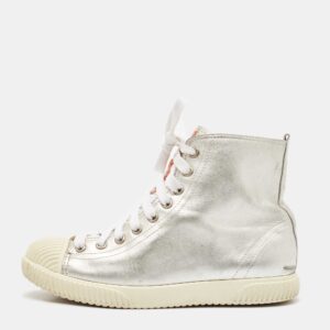 Prada Sport Silver Leather Lace Up High Top Sneakers Size 37