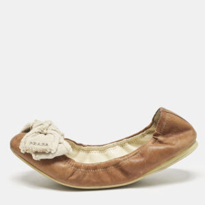 Prada Sport Brown/White Leather And Canvas Scrunch Bow Ballet Flats Size 37.5