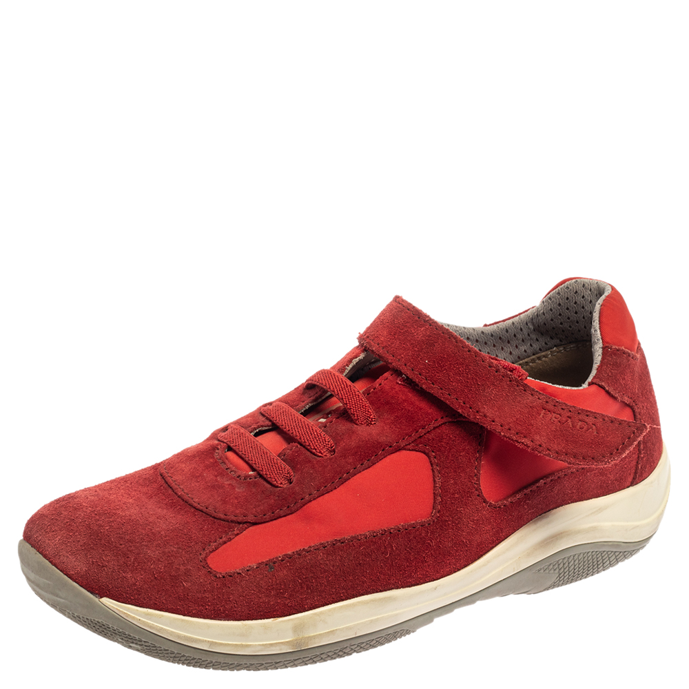 luxury-women-prada-sport-used-shoes-p376263-006 Prada Sport Red Suede and Nylon Low Top Sneaker Size 34