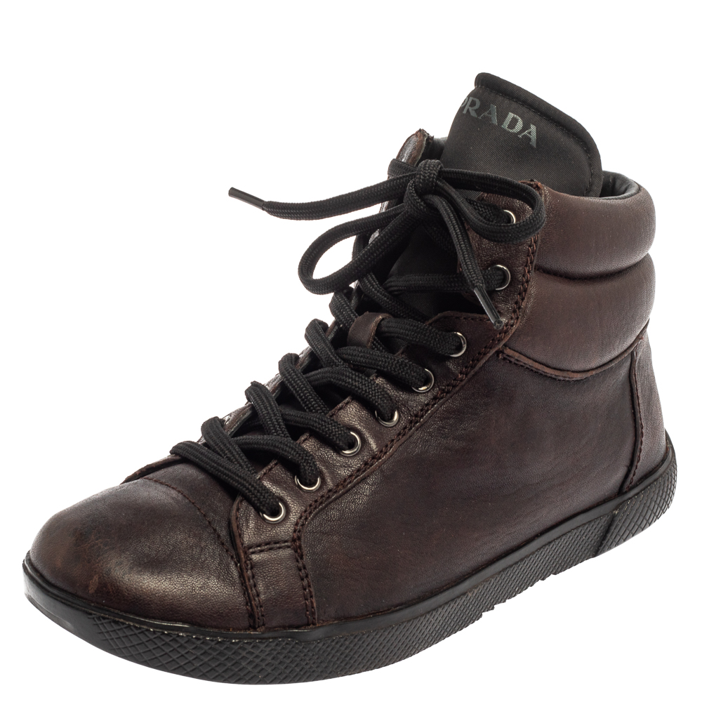 luxury-women-prada-sport-used-shoes-p393876-004 Prada Sport Brown Leather High Top Sneakers Size 35