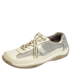 Prada Sport Grey/Silver Leather And Mesh Low Top Sneakers Size 38.5