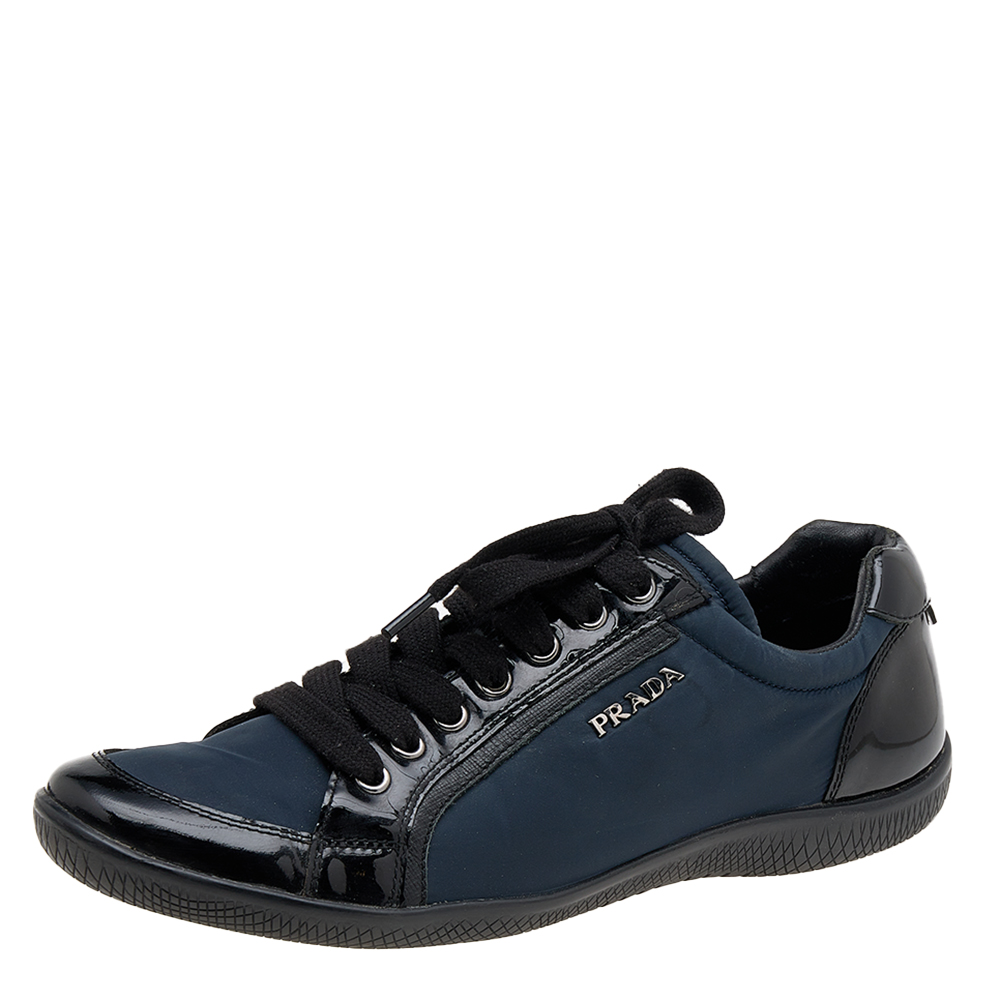 luxury-women-prada-sport-used-shoes-p610588-002-2 Prada Sport Black/Navy Blue Patent Leather And Nylon Low Top Sneakers Size 38