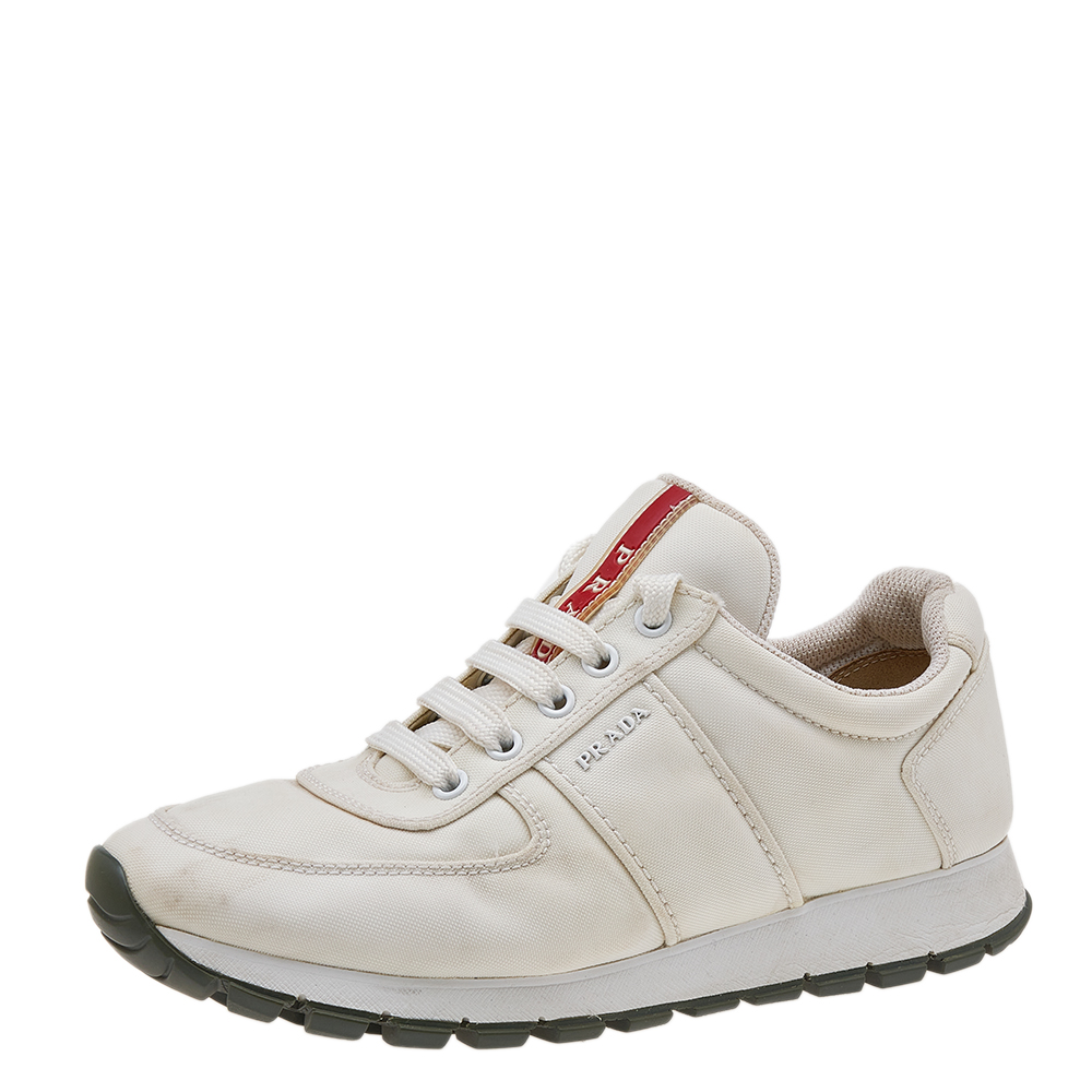 luxury-women-prada-sport-used-shoes-p610629-006-2 Prada Sport White Canvas Lace Up Low Top Sneakers Size 38.5