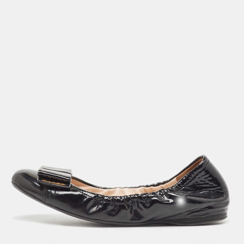 Prada Sport Black Patent Leather Bow Scrunch Ballet Flats Size 36.5