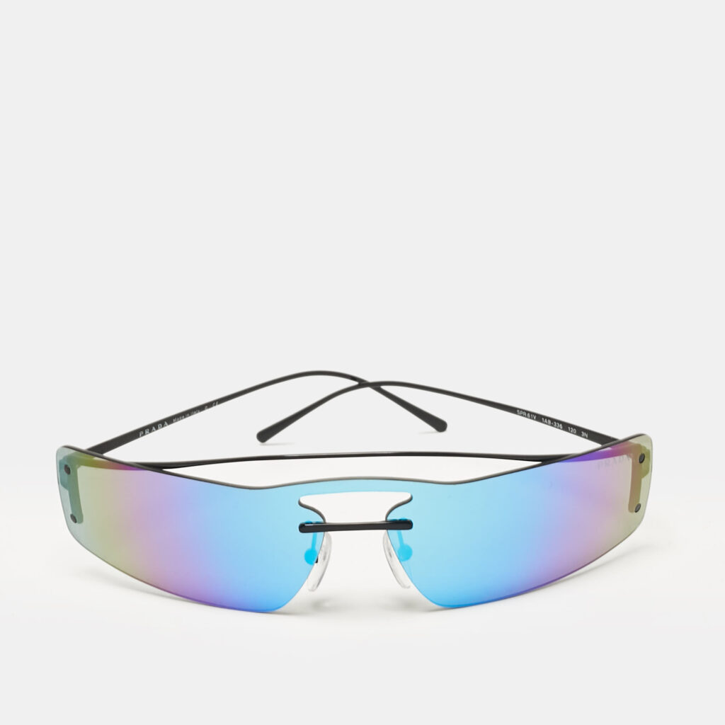 luxury-women-prada-used-accessories-p1074060-001 Prada Iridescent Blue/Black Tone SPR61V Rectangular Shield Sunglasses