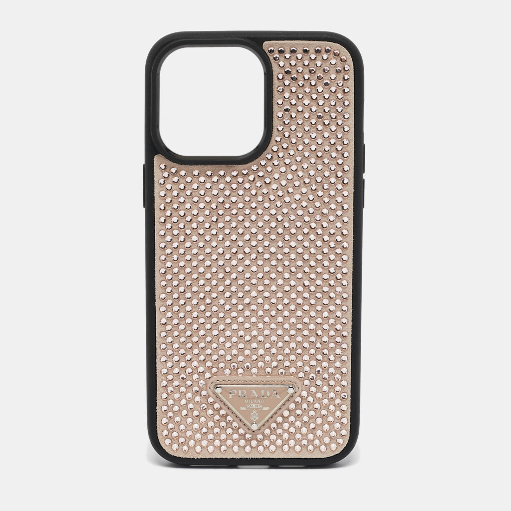 luxury-women-prada-used-accessories-p1090895-002 Prada Black/Beige Rubber Crystals Embellished iPhone 14 Pro Case