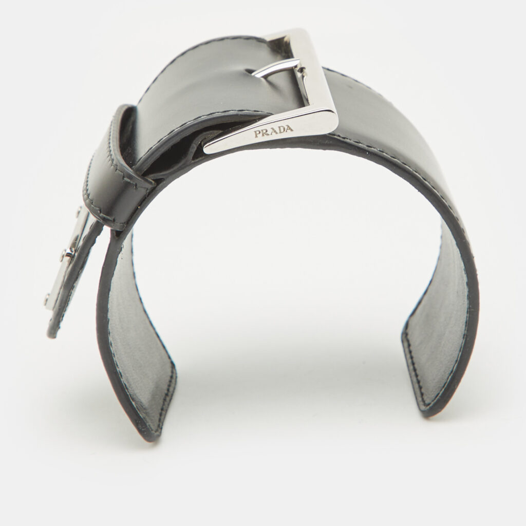 luxury-women-prada-used-accessories-p1116185-002 Prada Triangle Black Leather Silver Tone Wide Open Cuff Bracelet
