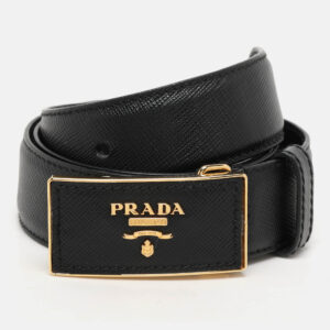Prada Black Saffiano Leather Logo Buckle Belt 75CM