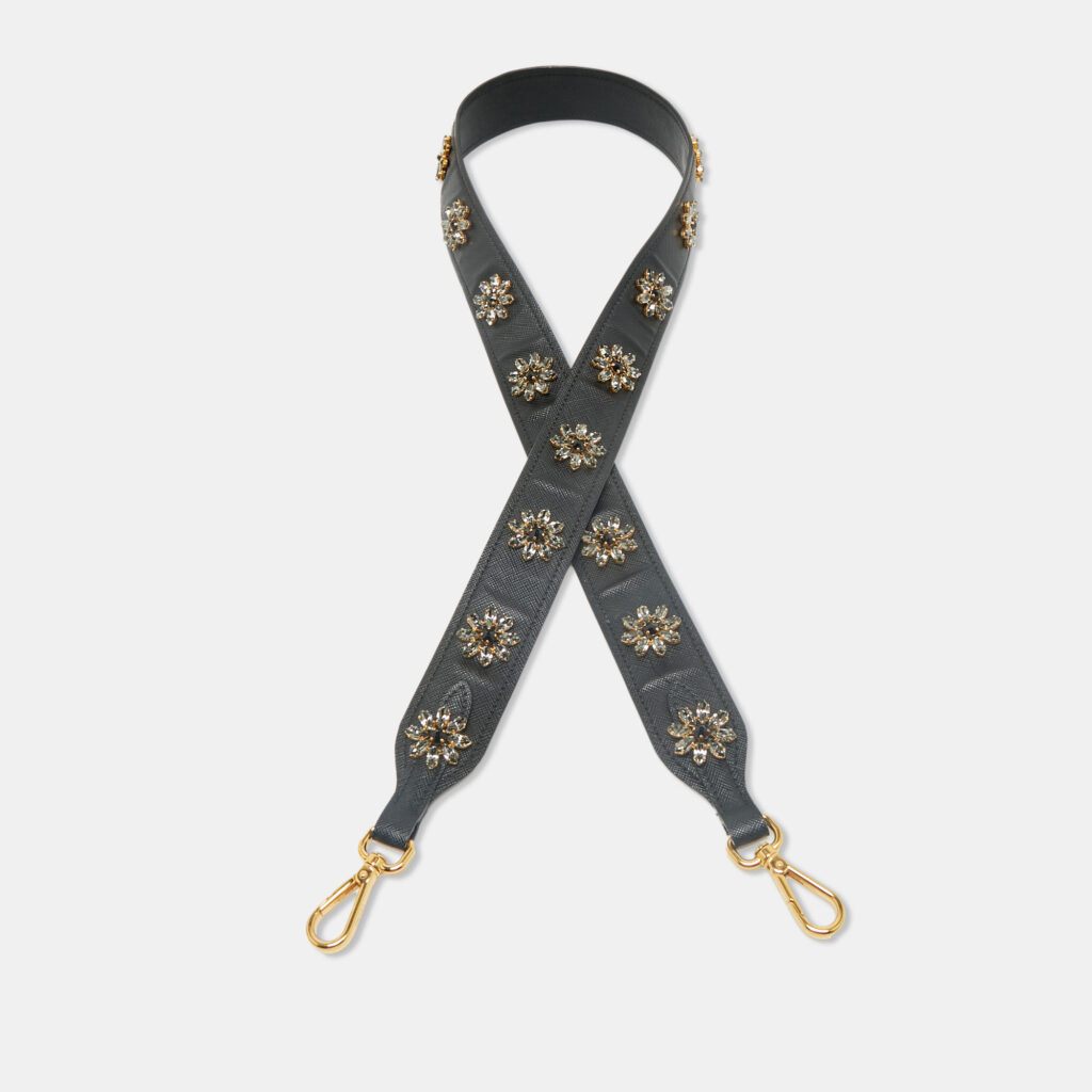 luxury-women-prada-used-accessories-p1169725-001 Prada Black Leather Floral Crystals Embellished Shoulder Bag Strap