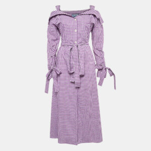 Prada Purple Gingham Cotton Bow Detail Belted Midi Dress M