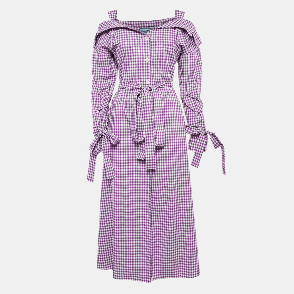 luxury-women-prada-used-clothes-p1024209-002 Prada Purple Gingham Cotton Bow Detail Belted Midi Dress M