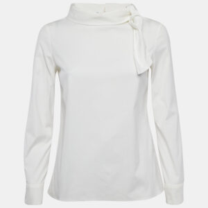 prada white poplin neck-tie detail long sleeve blouse s
