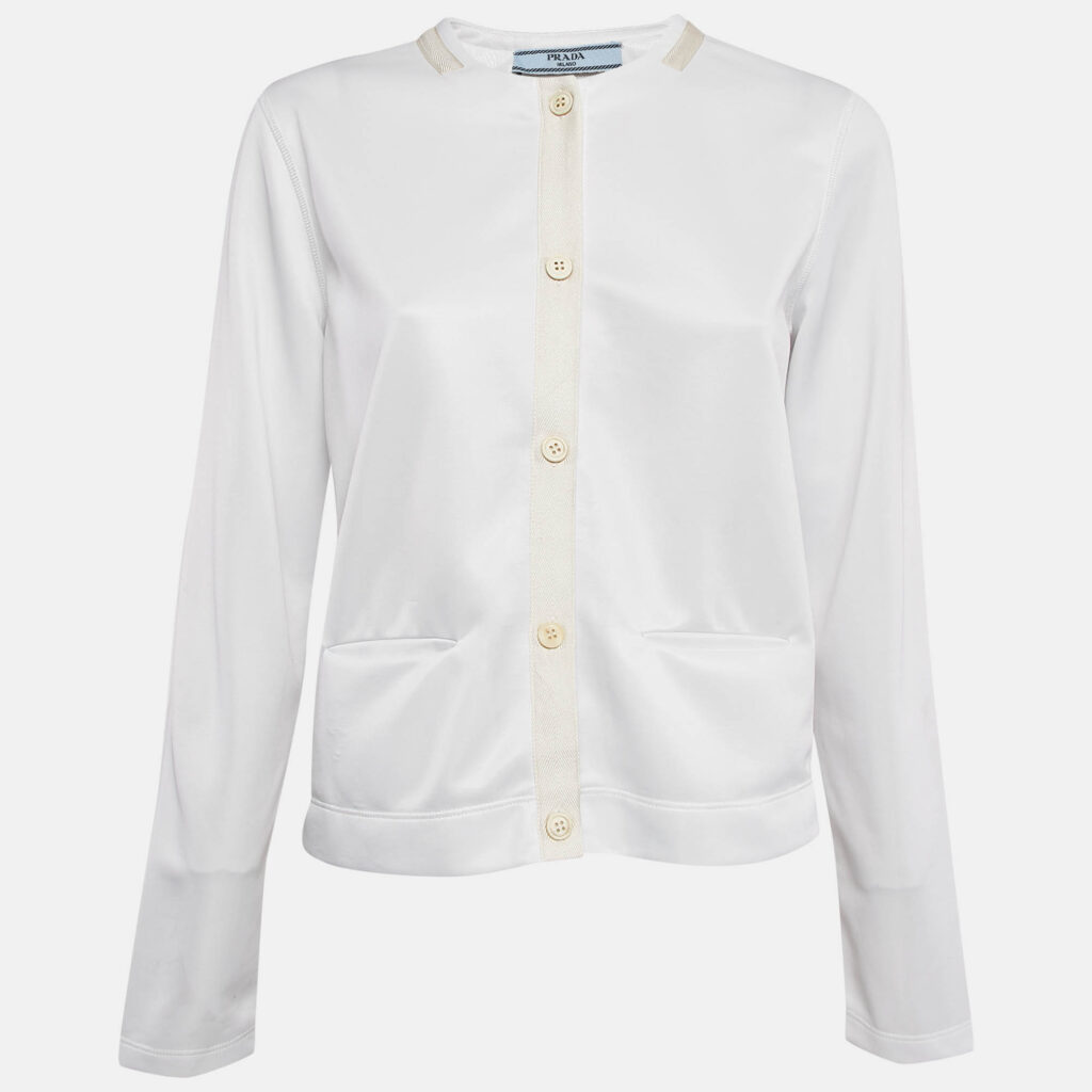 Prada White Jersey Button Front Silk Trimmed Blouse L
