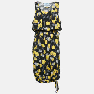 Prada Black Floral Print Silk Sleeveless Adjustable Waist Midi Dress M