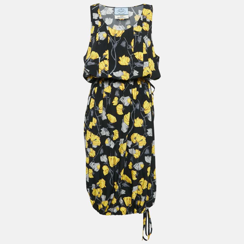 luxury-women-prada-used-clothes-p1092051-001 Prada Black Floral Print Silk Sleeveless Adjustable Waist Midi Dress M