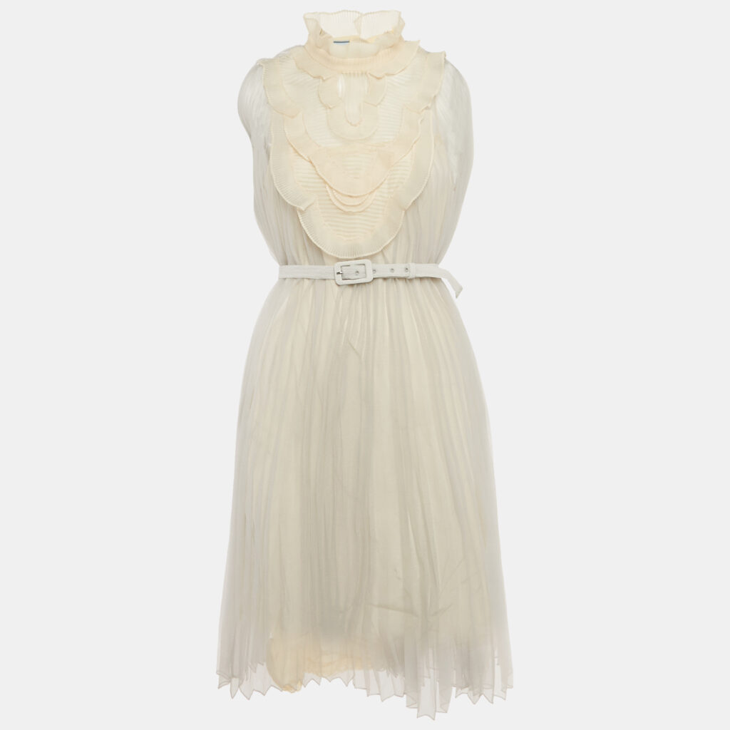 luxury-women-prada-used-clothes-p1101362-002 Prada Light Grey Plisse Organza Jabot Detail Dress M