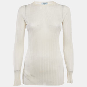 Prada Cream Cashmere Rib Knit Crewneck Sweatshirt S