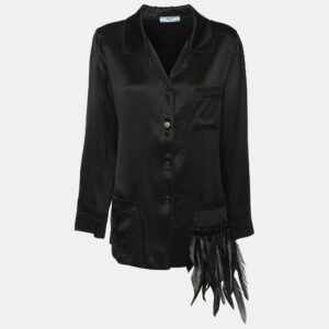 Prada Black Satin Feather-trimmed Long Sleeve Shirt M