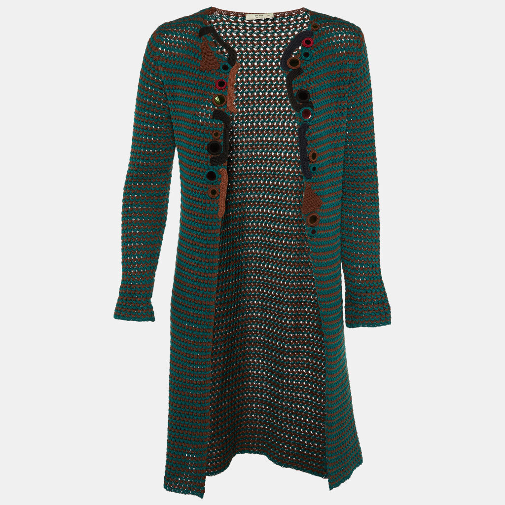 luxury-women-prada-used-clothes-p1149504-001 Prada Brown/Teal Crochet Knit Open Front Cardigan S