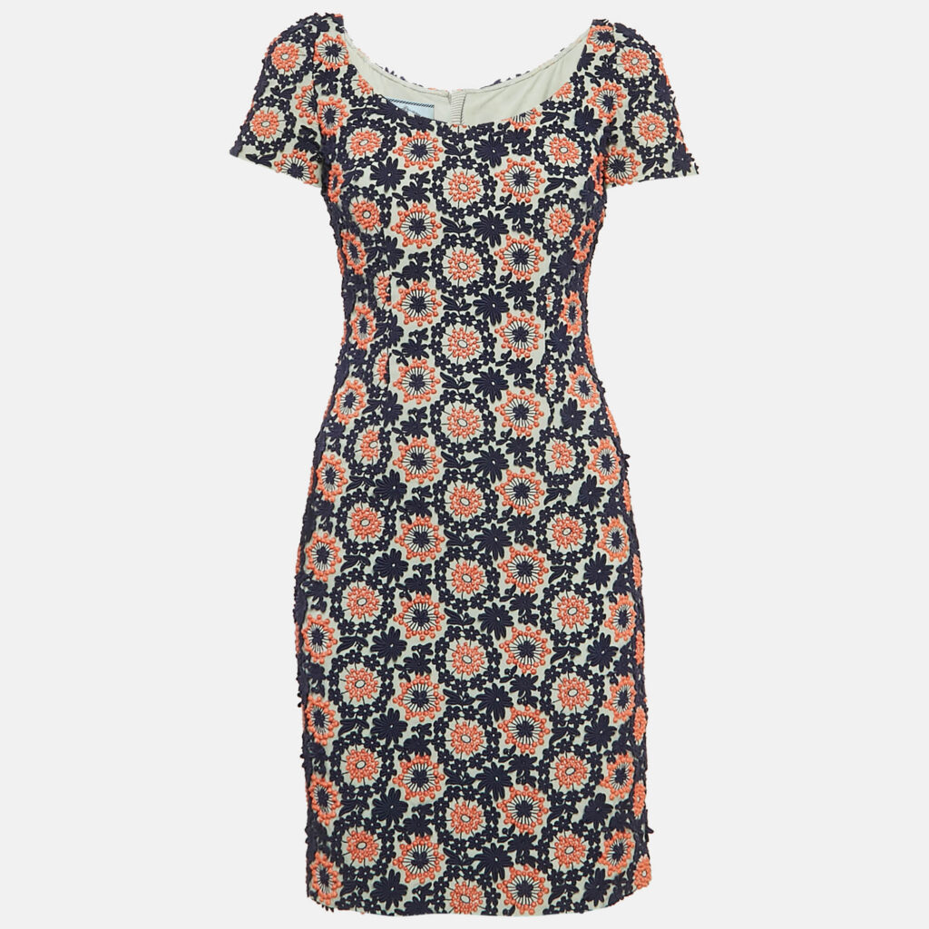 luxury-women-prada-used-clothes-p1149697-001 Prada Blue Floral Lace Scoop Neck Mini Dress XS