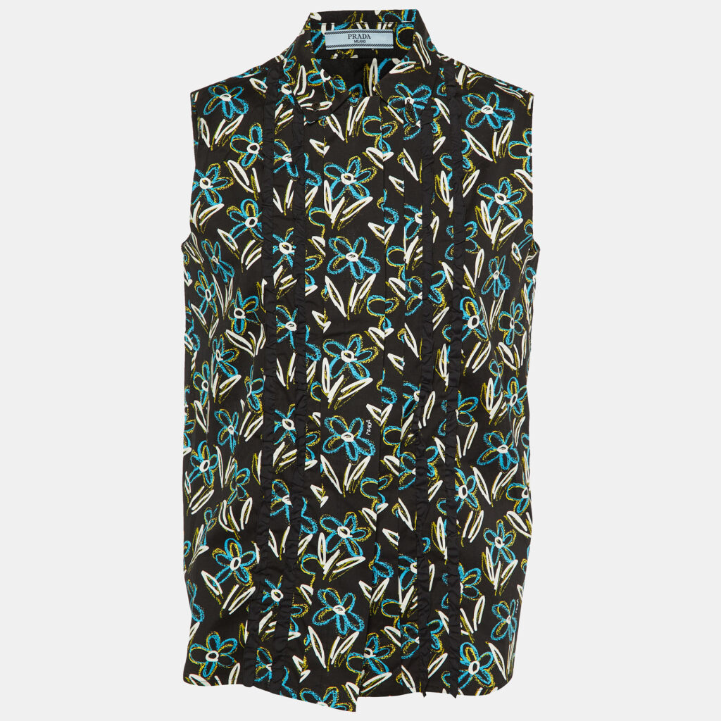 Prada Black Floral Print Cotton Button Front Top S