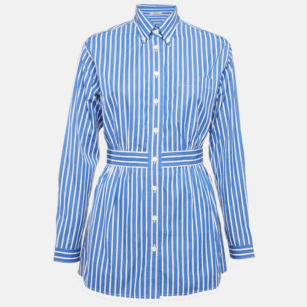 luxury-women-prada-used-clothes-p1160068-002.jpg Prada Blue Stripe Cotton Mini Shirt Dress S