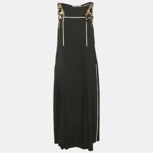 Prada Black Embellished Crepe Pleated Sleeveless Dress M