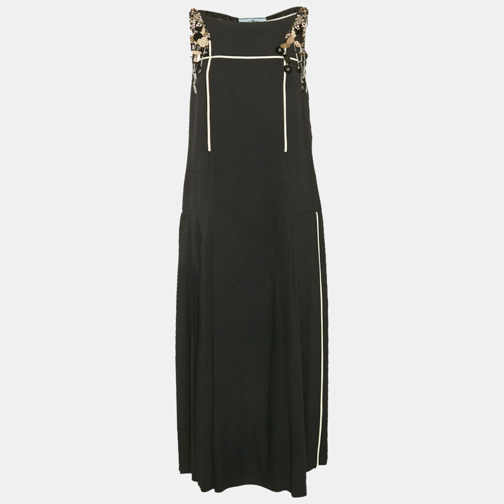 luxury-women-prada-used-clothes-p1164922-002 Prada Black Embellished Crepe Pleated Sleeveless Dress M