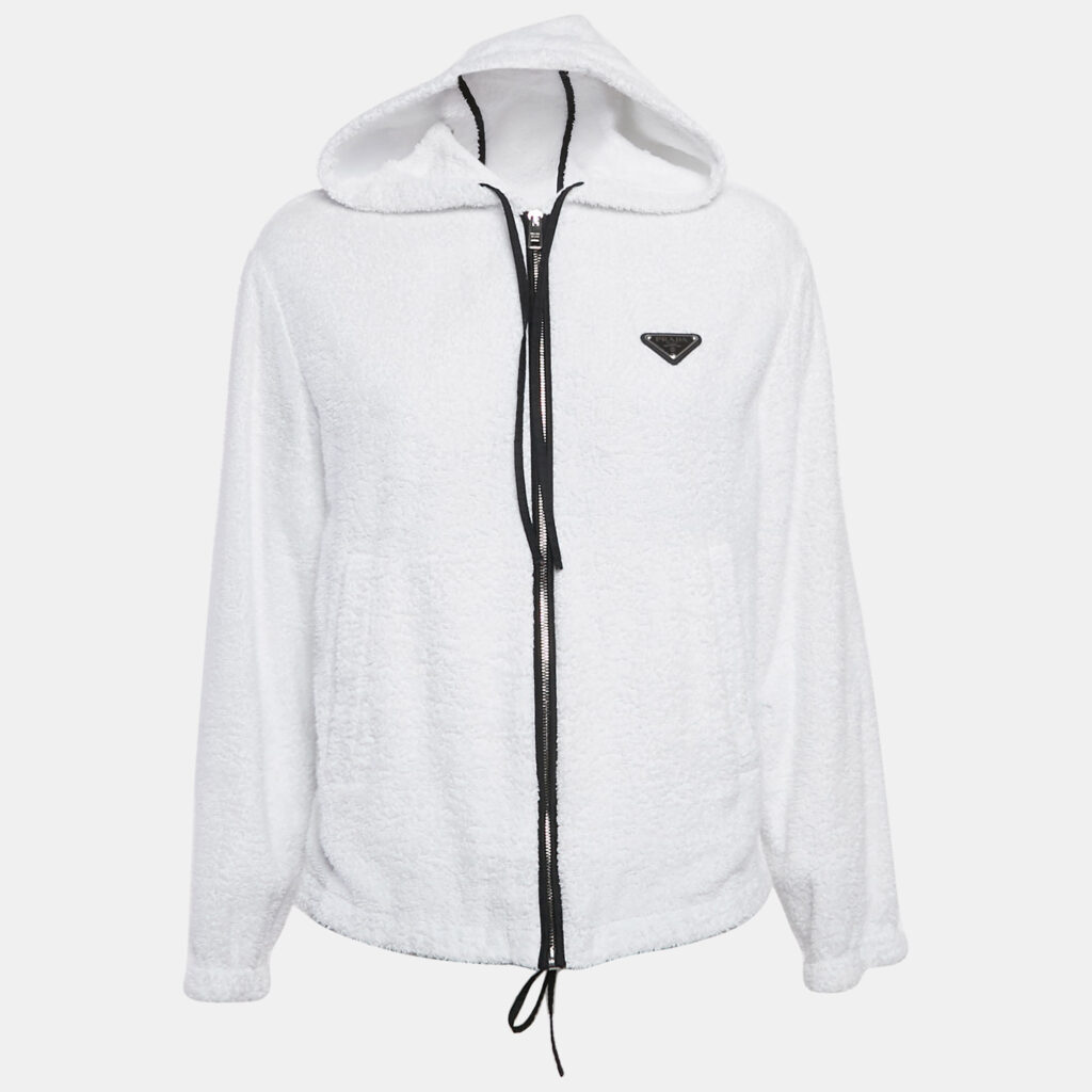 luxury-women-prada-used-clothes-p1165990-005.jpg Prada White Enamel Metal Logo Terry Hoodie Jacket S
