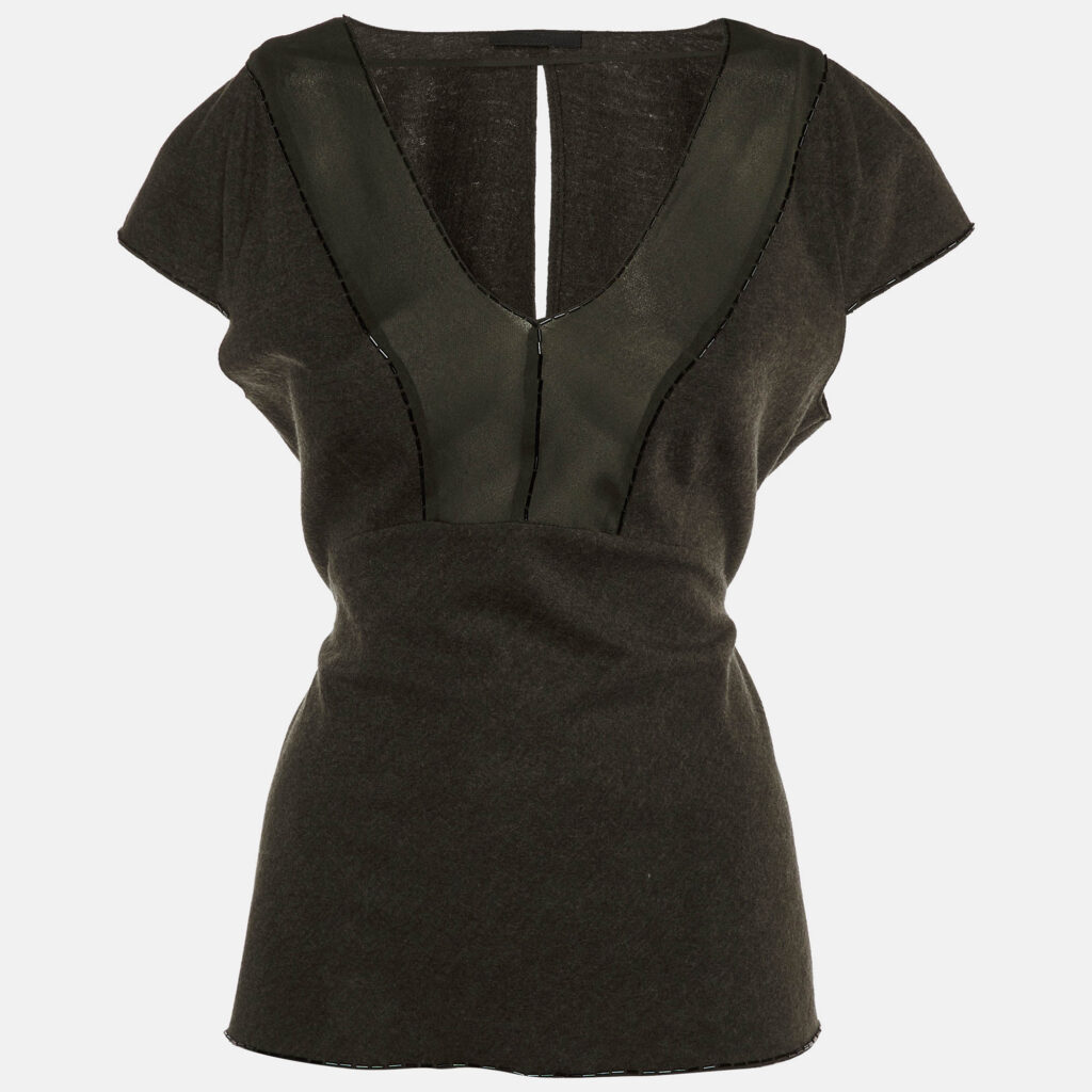 Prada Grey/Green Wool & Silk Bead Detail Top L