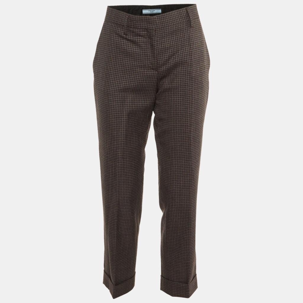 luxury-women-prada-used-clothes-p1169256-007 Prada Grey/Burgundy Checked Wool Cuffed Hem Trousers M