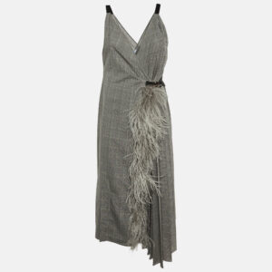 Prada Grey Checked Wool Feather Trim Pleated Wrap Dress L