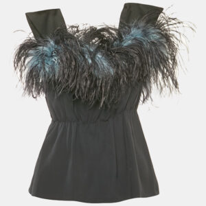 Prada Black Crepe Feather Trim Ruched Top M