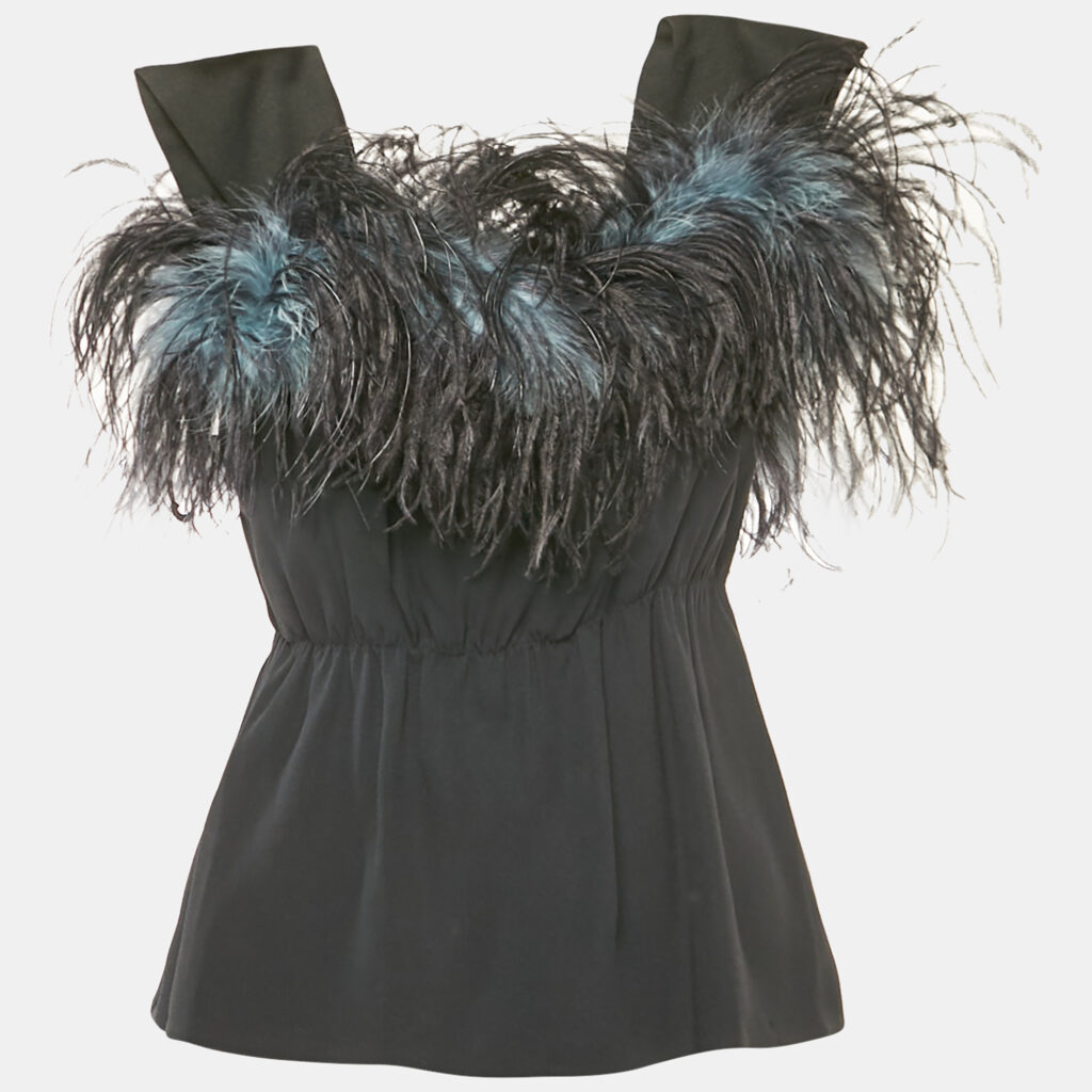 luxury-women-prada-used-clothes-p1169961-002 Prada Black Crepe Feather Trim Ruched Top M